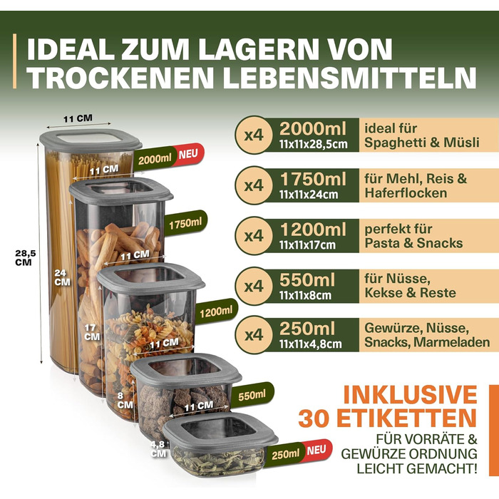 Набір контейнерів для зберігання продуктів 20 шт. з кришкою, герметичні, BPA-Free, сірі
