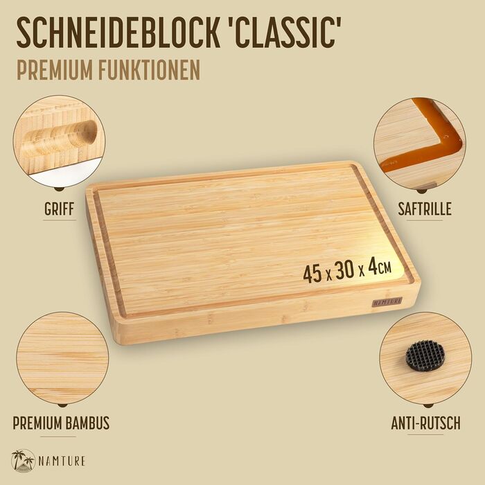 Дерев'яний обробний дощечок Stirnholz 45x30 см з бамбука, преміум-якість, з канавкою для соку, антиковзні ніжки, в подарунковій коробці