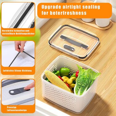 4-Pack Refrigerator Organizer – Vegetable Storage & Organization, stackable with strainer, lid and handle for the kitchen – Fridge Organizer for refrigerator storage