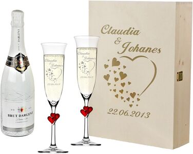 Polar Effect 2 Champagne Flutes with Red Hearts and Champagne Bottle in Gift Box - Personalized with Engraving - Wedding Gift Idea Champagne Glass Set - Heart Motif