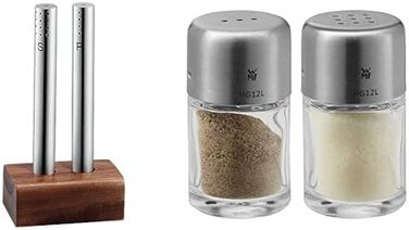 WMF Salt and Pepper Shaker Set - 2 Piece. Salt Shaker, Pepper Shaker, Acacia Wood, Matte Finish, Hand Wash. & WMF Bel Gusto Cromargan Stainless Steel Salt and Pepper Shaker Set - 2 Piece.