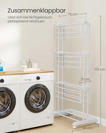 SONGMICS Сушарка для білизни на коліщатках, 4 яруси, розкладна, 63,5 x 128 x 173 см, білий, LLR701W03
