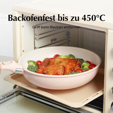 Набір посуду Redchef 16 предметів з антипригарним покриттям Ceramic, знімні ручки. Включає: сковороду 20/26 см, глибоку сковороду 26 см, каструлі 18/20 см. Підходить для всіх типів плит, духовка, можна складати. Колір: бежевий/рожевий