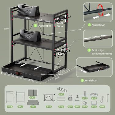 Регульована мікрохвильова полиця NETEL 2-ярусна, полиця над мікрохвильовою піччю, підставка для мікрохвильовки, кухонна полиця для стільниці, полиці для випічки, кухонна полиця з тримачем для напоїв та кошиком, чорна, висувна 40-60 см (3-ярусна з 2 тримач