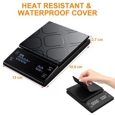 Міні ваги для кави HONPHIER з таймером, 5 кг/0,1 г, LED-дисплей, сенсорне керування, чорний