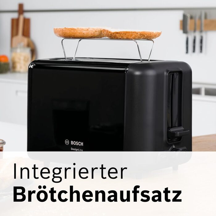 Bosch Compact Toaster DesignLine TAT3P423DE, Integrated Stainless Steel Bread Roll Attachment, With Automatic Shut-off, With Defrost Function, Perfect for 2 Slices of Toast, Lift Function, Wide, 970 W, Black Polished/Black Front Painted Single