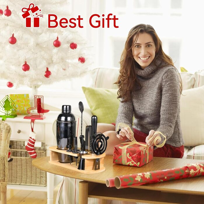 Набір для коктейлів з бамбуковим стійкою, 750 мл, 12 предметів. Професійний набір бармена з нержавіючої сталі для приготування коктейлів, з рецептами (сірий)