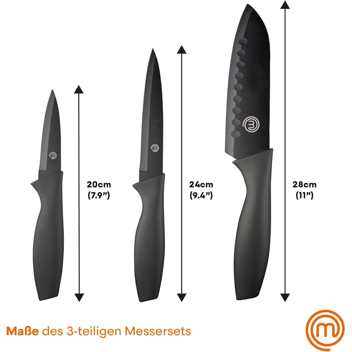 Набір кухонних ножів MasterChef: кухонний, овочевий, для чищення, нержавіюча сталь, антипригарне покриття, Soft-Touch ручки, чорний, 3 шт.