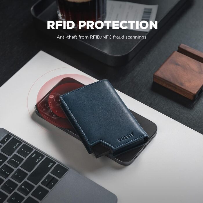 Картхолдер VULKIT RFID захист шкіряний, чоловічий та жіночий, з відділенням для грошей, магнітний замок, темно-синій