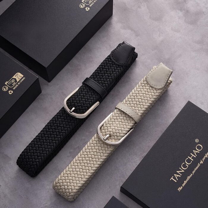 Тканинні ремені Tangchao 2 шт. Плетені еластичні ремені для жінок та чоловіків, 3.3 см, 90-135 см, чорний+бежевий, 100 см
