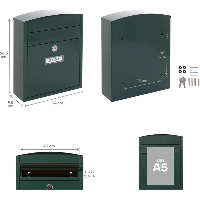Поштовий ящик ARREGUI Compact E5731 сталевий (білий/зелений), розмір S (DIN A5), настінний, водонепроникний, з табличкою для імені, 2 ключі, легкий монтаж