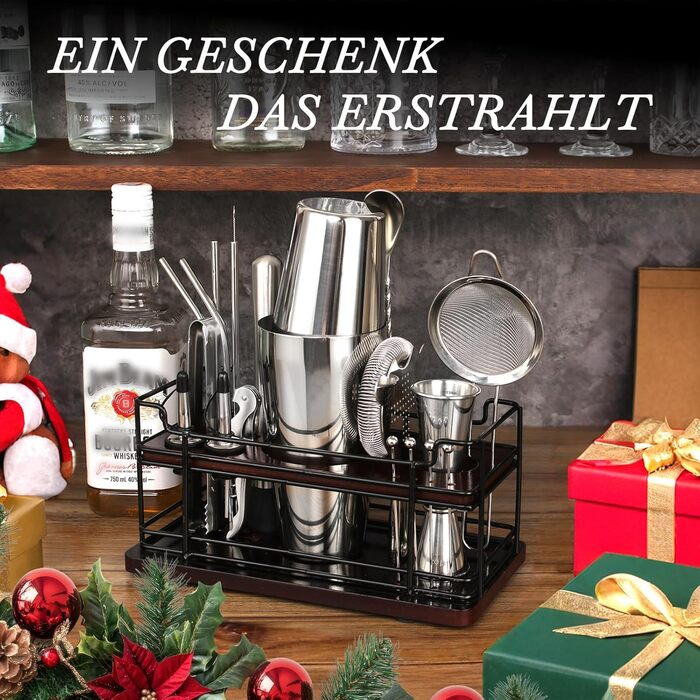 Набір для коктейлів Boston Cocktail Shaker Set 825 мл з підставкою, нержавіюча сталь, професійний барний аксесуар, набір бармена з рецептами, ідеальний подарунок (сріблястий)