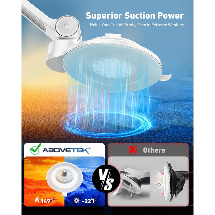 Підставка для планшету та смартфона AboveTEK з присосками, 360° обертання, для iPad/Android (4-11 дюймів), авто/дім/офіс, білий