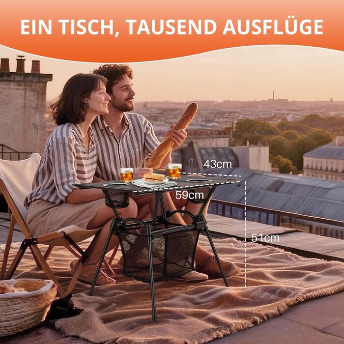 FUNYKICH Складаний туристичний стіл для кемпінгу 82 x 40 см, регулювання висоти (44/70 см), легка збірка, портативний стіл з сітчастою кишенею, алюмінієва розкладна стільниця для барбекю, кемпінгу, вечірки, саду (тканинна стільниця - 59 x 43 x 51 см)