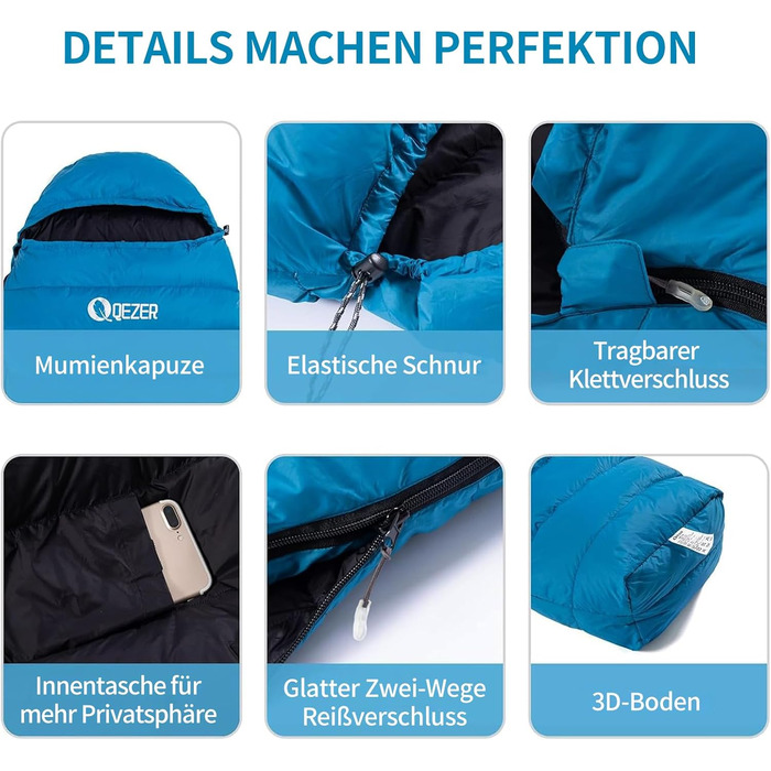 Сплячий мішок для дорослих та дітей, легкий зимовий спальник Outdoor 8°C ~ -30°C для кемпінгу та альпінізму з 650 FP гусячим пухом, блакитний, 500г пуху