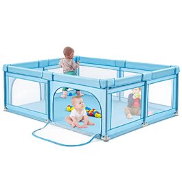 COSTWAY 205 x 147cm Playpen for Baby with Mattress, Foldable Baby Playpen, Playard with 50 Balls, 2 Doors, Breathable Mesh & Zipper, Play Tent for Infants & Toddlers (Dark Grey)