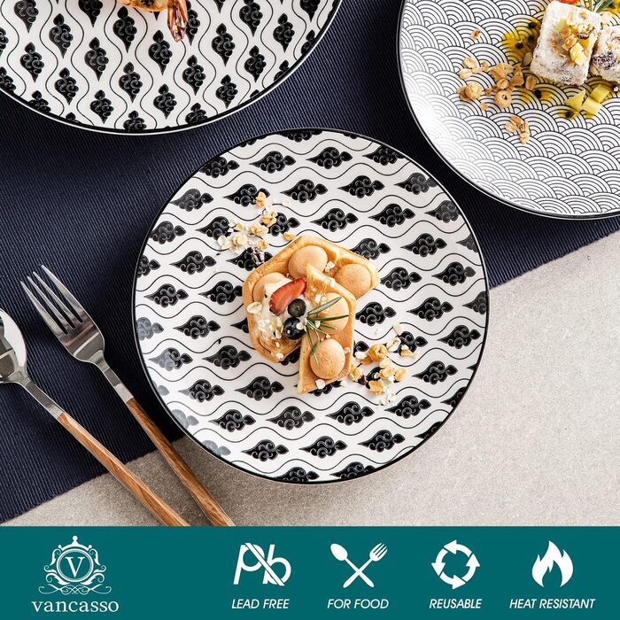 Набір посуду Vancasso Haruka 48 предметів: тарілки, миски, чашки (чорний + кремовий)