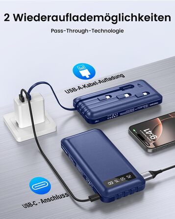 Powerbank 26800mAh з 4 вбудованими кабелями, 22.5W, LED дисплеєм та підставкою, блакитний. Сумісний з iPhone, iPad, Samsung Galaxy.