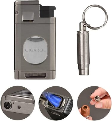 Чохол для сигар з шкіри, вологомір та запальничка 3-в-1, портативний, на 6 сигар, плоский різак, аксесуари, подарунок (чорний)