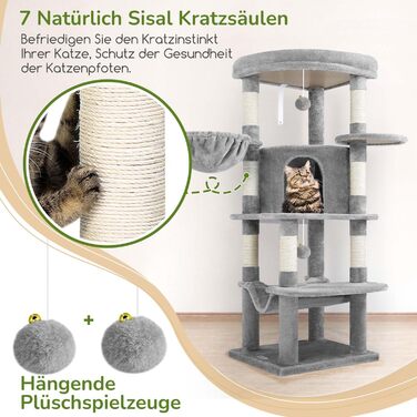 Котячий будиночок Globlazer з когтеточкою, великий, стабільний, кутовий, з великим котячим будинком, гамаком, м'яким кошиком, когтеточкою 130 см для великих котів (C51, світло-сірий) XL світло-сірий