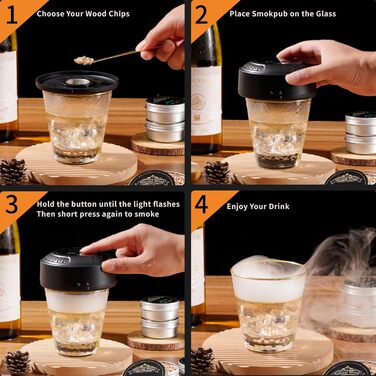 Електричний набір для копчення віскі, коктейльний дим-сет - 6 видів деревини, RGB підсвітка, безполум'яний димогенератор для коктейлів та їжі, подарунок для чоловіків