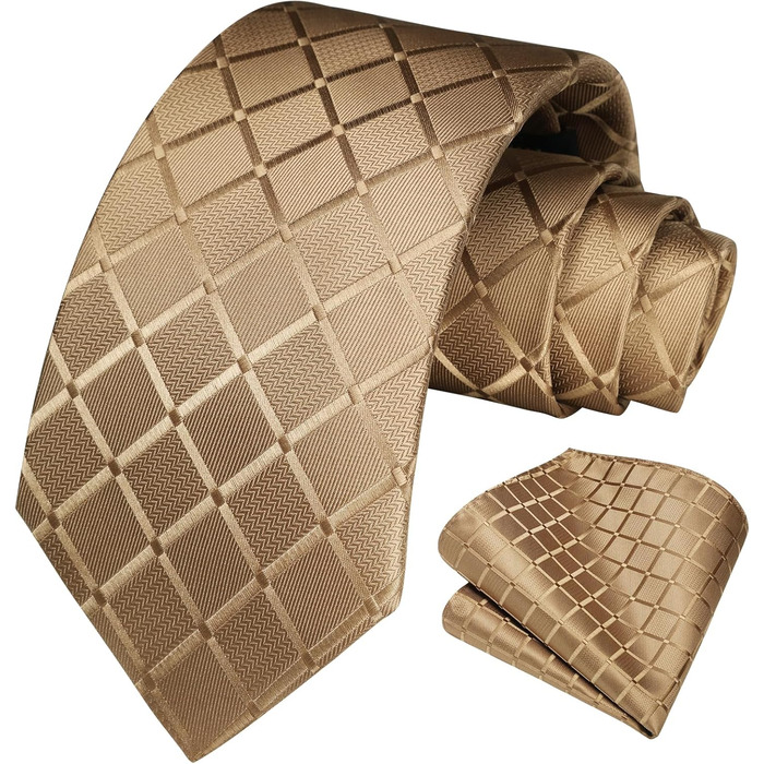 HISDERN Комплект краватки та нагрудного хустинки в клітинку для чоловіків (світло-коричневий)