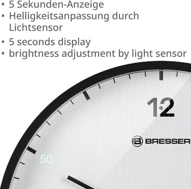 Bresser MyTime Wall Clock with Radio Control, No Ticking Sound, 24 cm Dial, LED Second Display, Indoor Temperature, and Silent Radio Movement, (White)