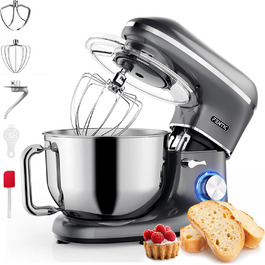 Fentic 2000W Stand Mixer - Stainless Steel Bowl (6.2L) - Kitchen Machine with Dough Hook, Beater, Whisk & Splash Guard - Includes Accessories - Anthracite