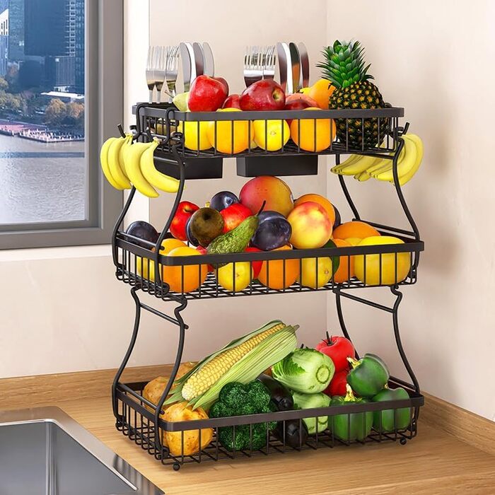Настінна полиця для фруктів та овочів з кріпленнями, 3 яруси, чорна | Настінне зберігання для кухні