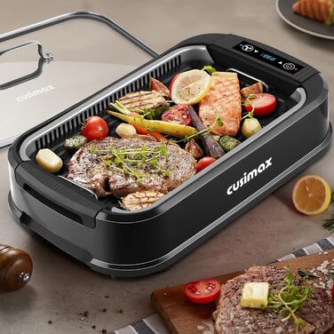 CUSIMAX Electric Grill 1500W Table Grill Electric with Lid for Indoor and Outdoor Use, Electric Grill with Adjustable Temperature, Removable Oil Collection Tray and Grill Plate, Black