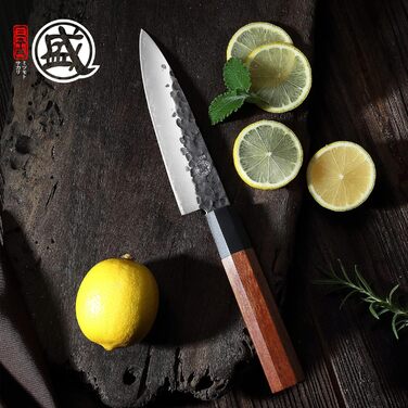 Японський ніж Santoku Mitsumoto Sakari 19 см з ручкою з рожевого дерева та дерев'яною коробкою, ніж для овочів 14 см