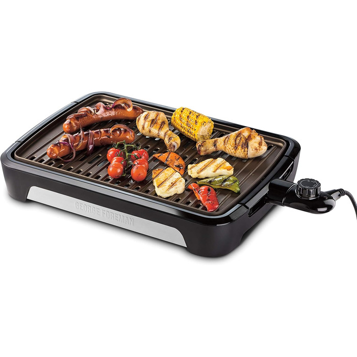 George Foreman Smokeless Grill - Indoor BBQ with Adjustable Temperature, Dishwasher-Safe Grill Plate, and Fat Tray