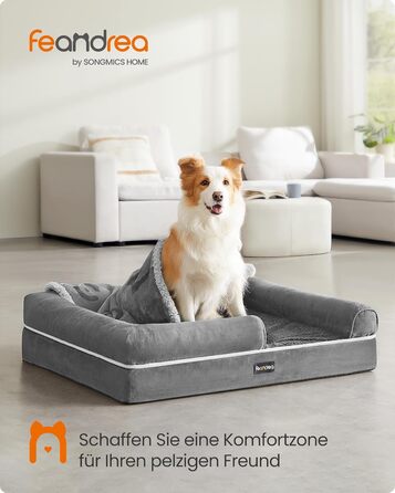 Ортопедичне ліжко для собак Feandrea, м'яке, з піднятими бортиками, 91 x 68 x 18 см, сірий колір, знімний чохол, неслизьке дно