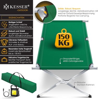 Кемпінг-ліжко KESSER® Klappbett з сумкою, ліхтарем та кишенею, 190 см, сталевий каркас, 600D Oxford, зручне для подорожей