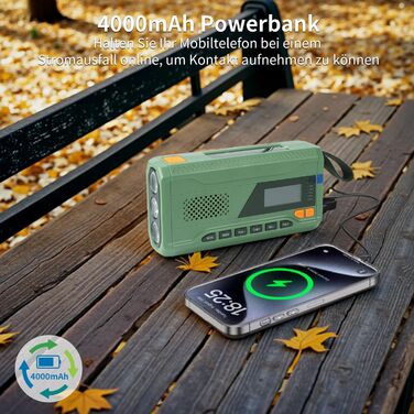 Радіо Alika для надзвичайних ситуацій: радіо з ручним приводом, FM/DAB+/DAB, сонячне, з Powerbank 4000mAh, зарядкою для телефону, USB, SOS-сигналом, ліхтарик (3 режими), для відпочинку на природі, кемпінгу (армійний колір)