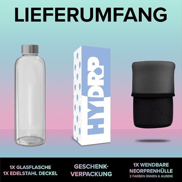HYDROP® TEST WINNER Glass Bottle 1 Liter with Protective Sleeve - Shatterproof - Drinking Bottle Glass in 1L or 750ml, Suitable for Carbonated Drinks & Leak-Proof - Glass Water Bottle with High-Quality Gift Packaging