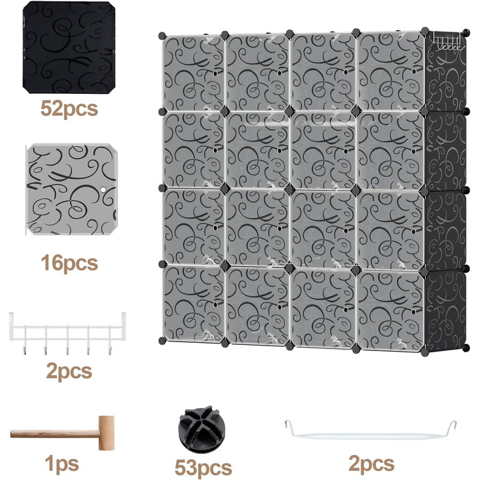 DIY Closet Shelf System with 16 Cubes, Wardrobe, Open Closet, Plastic Wardrobe with Doors, Wardrobe Cabinet, Black, 180 x 142 x 37CM (Black 16 Cubes with Clothes Hooks)