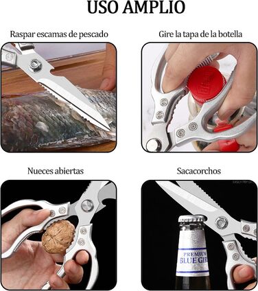 Ніж-ножиці кухонні з нержавіючої сталі, універсальні, з відкривачем для пляшок, для птиці, риби, м'яса, зелені, горіхів, миються в посудомийній машині, сріблясті