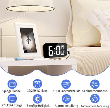 Цифровий годинник SZELAM з LED-дзеркалом 7 дюймів, 2 USB-порти, функція відкладання, автоматичне регулювання яскравості, для дому, колір золотий