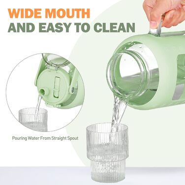2 Liter Glass Water Bottle with Handle, 2L Glass Pitcher with Straw and Lid, Motivational Sports Water Jug with Time and Volume Markings, Leak-Proof, Light Green