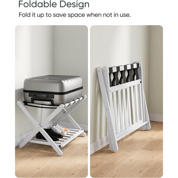 Fully assembled bamboo luggage rack with 5 straps, 2-tier foldable suitcase stand, wide wooden luggage rack, foldable luggage shelves, ideal for guest rooms, bedrooms, hotels, (100% solid bamboo)