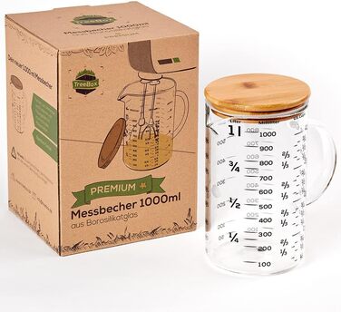 TreeBox Premium Measuring Cup 1l - Glass Measuring Cup - Robust and Heat-Resistant Measuring Cup Set made of Borosilicate Glass with Bamboo Lid - Microwave Safe - Perfect for Baking, Cooking, and Mixing