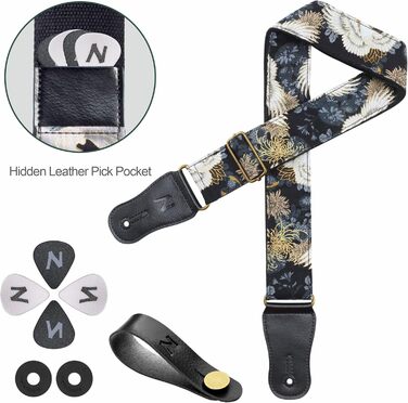 Японський гітарний ремінь Nefelibata з бавовни для акустичної гітари, укулеле, адаптер для голівки грифа в подарунок, медіатор та замок для ремінця. Регулювання від 38' до 64'. Дизайн: Хризантеми