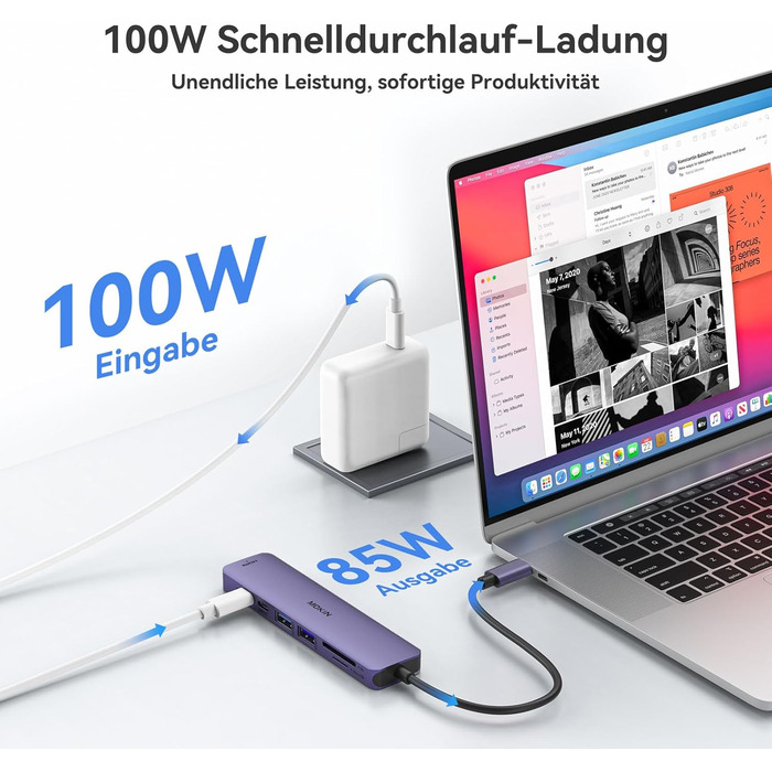 MOKiN USB-C хаб 6-в-1 з HDMI 4K, 2xUSB 3.0, USB 2.0, SD/MicroSD, для MacBook, XPS та інших пристроїв (фіолетовий)