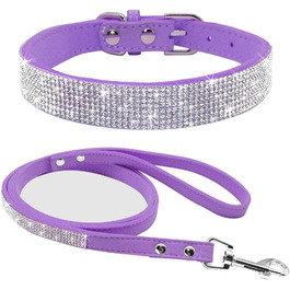 Soft Suede Dog Collar, Sparkling, Shimmering, Elegant, Unique, Embellished with Rhinestones, for Pets, Puppies, Cats, Dogs, Combo Set with Leash (XXS, ) (Purple, S)