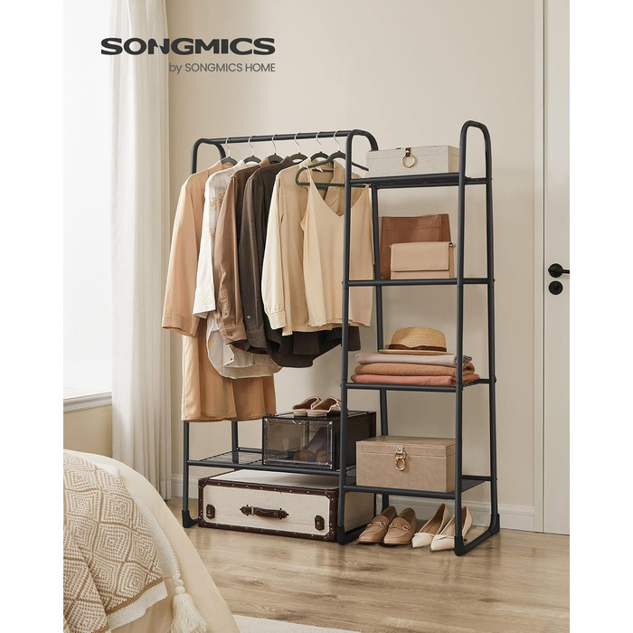 Вішалка для одягу SONGMICS, металевий стелаж з 5 полицями, 40×101,7×153,3 см, для спальні, вітальні, передпокою, білий/чорний