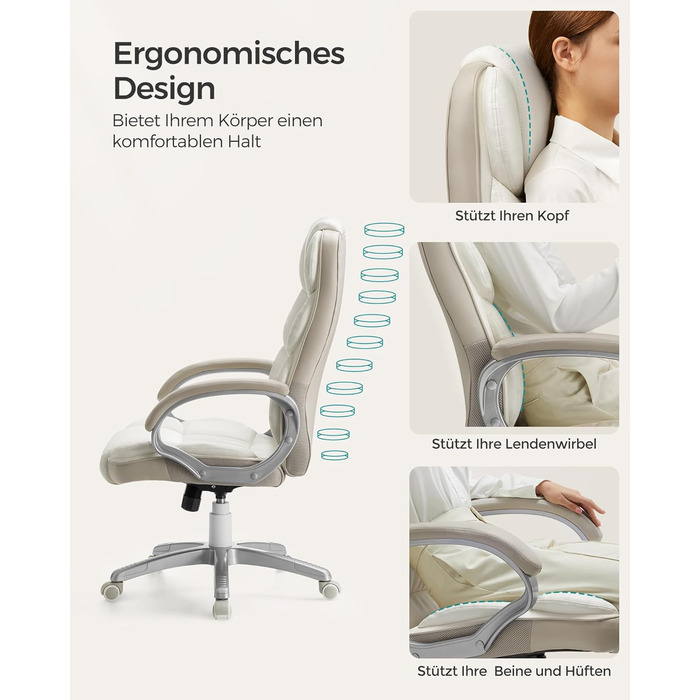Крісло офісне SONGMICS для офісу та дому, крісло для комп'ютера, регулювання висоти сидіння, оббивка, OBG22B (кремовий, 53 x 51 x (112-122) см)