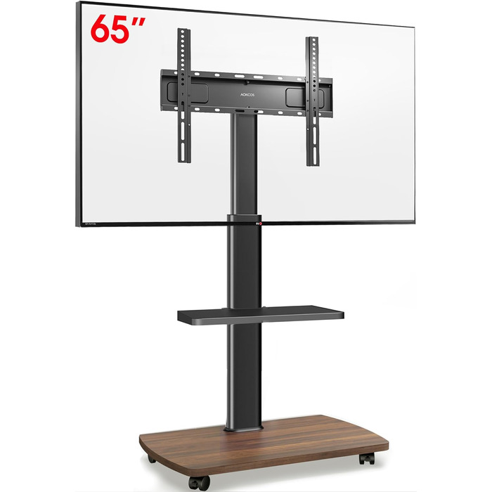 AOKCOS Rolling TV Stand with Wood Shelf - Adjustable Height & Swivel - VESA 400x400 - Holds 32-65 Inch TVs up to 40kg
