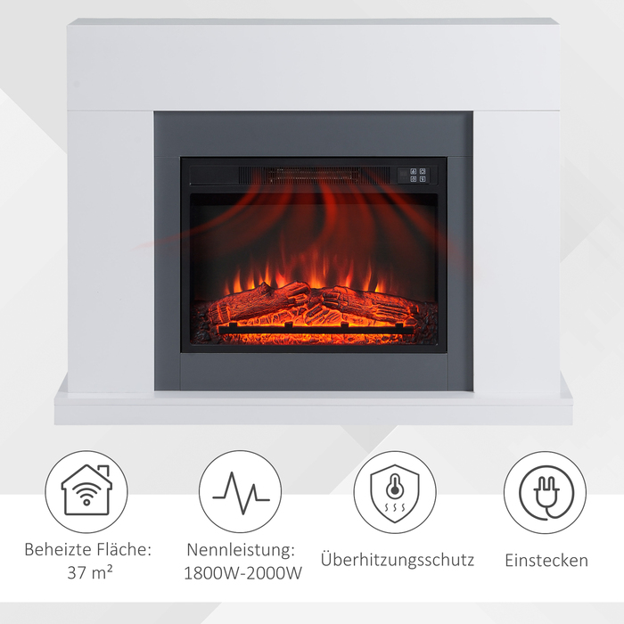 HOMCOM LED Електричний камін Standkamin, камін-піч з ефектом полум'я, потужністю 1800/2000 Вт, з обігрівом для дому, з дерев'яною рамою, декоративний камін MDF, білий, 113 x 26,6 x 87,5 см