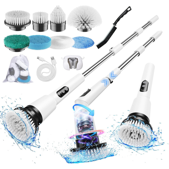 Electric Cleaning Brush, 12-in-1 Electric Spin Scrubber Cordless with 8 Interchangeable Brush Heads, Electric Cleaning Brush with Adjustable Handle for Bathroom, Kitchen, Tiles, Floors, Car (White)
